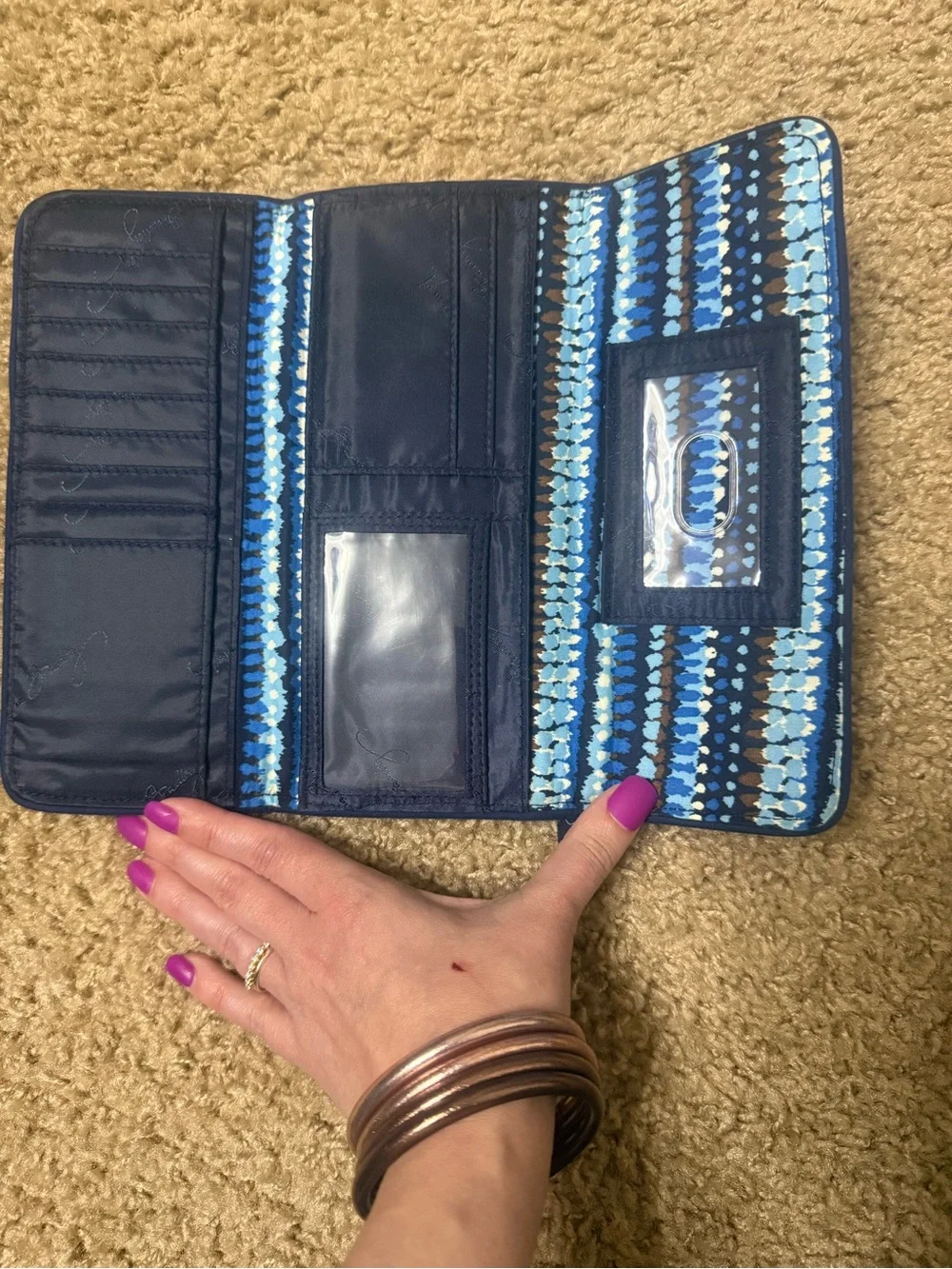 Vera Bradley Navy Quilted Floral Card Holder with Light Blue and Brown Accents